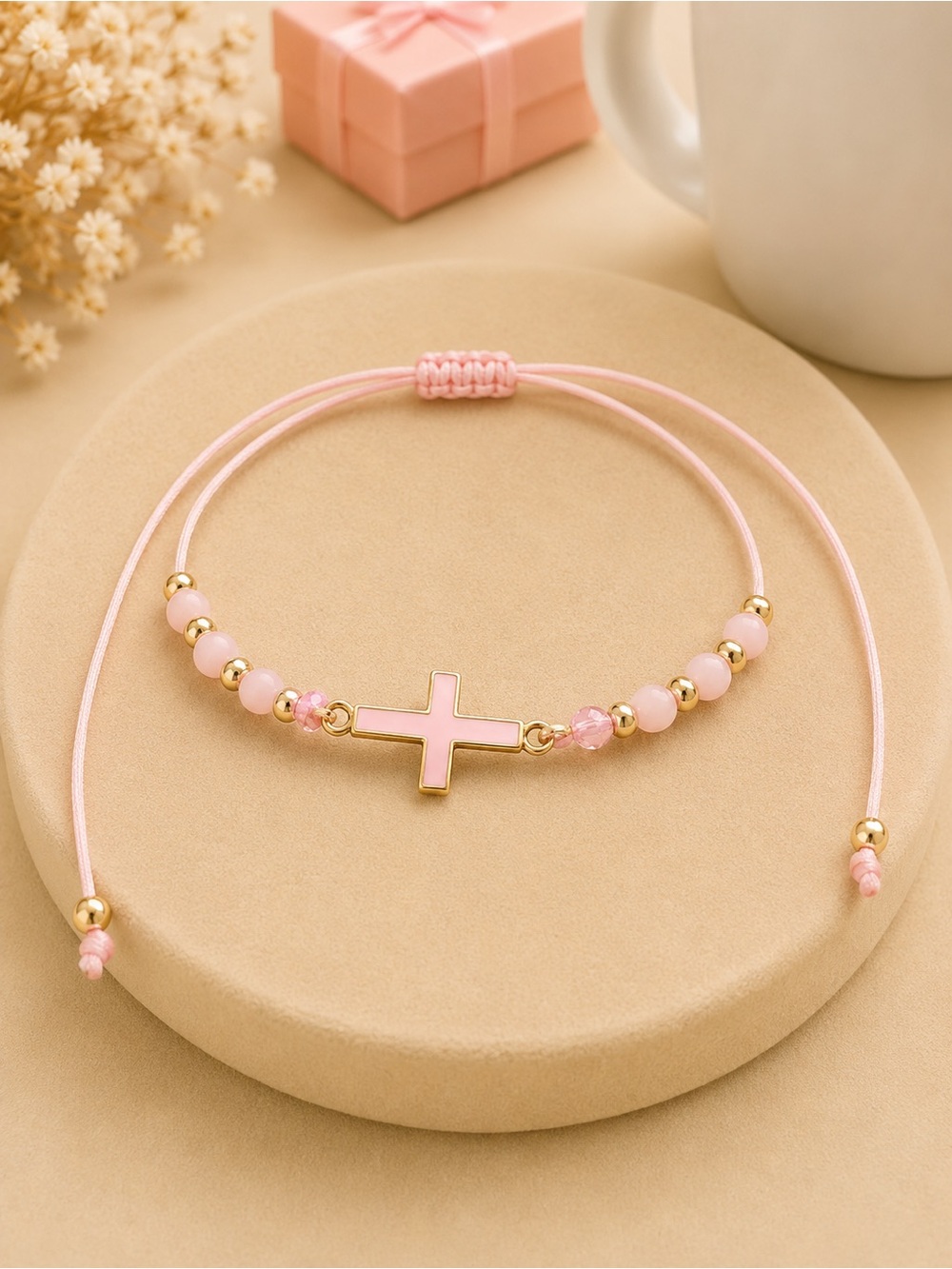 Pink Cross Beaded Adjustable Bracelet